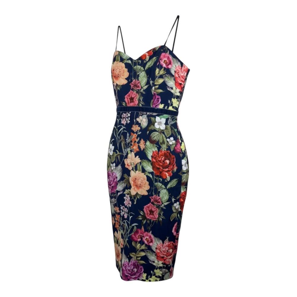 Adelyn Rae navy floral midi dress with spaghetti straps sweetheart neckline cors